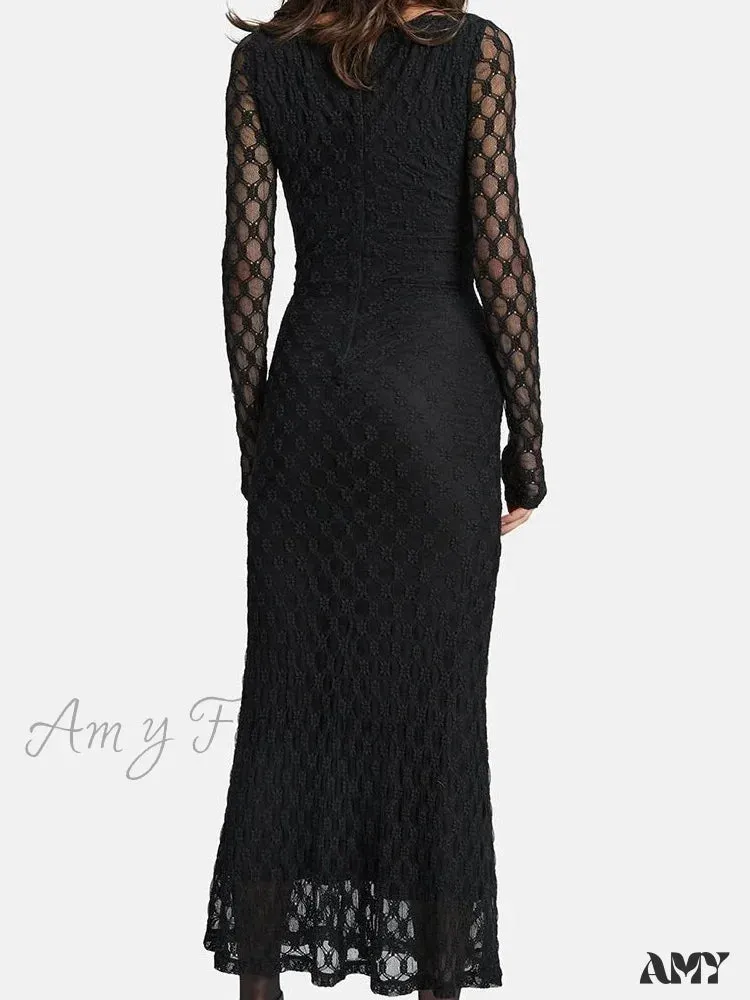 Amy Fashion - Elegant Women Spring Autumn Party  See Through  Sleeve Square Neck Lace Floral Slim Fit Vestidos