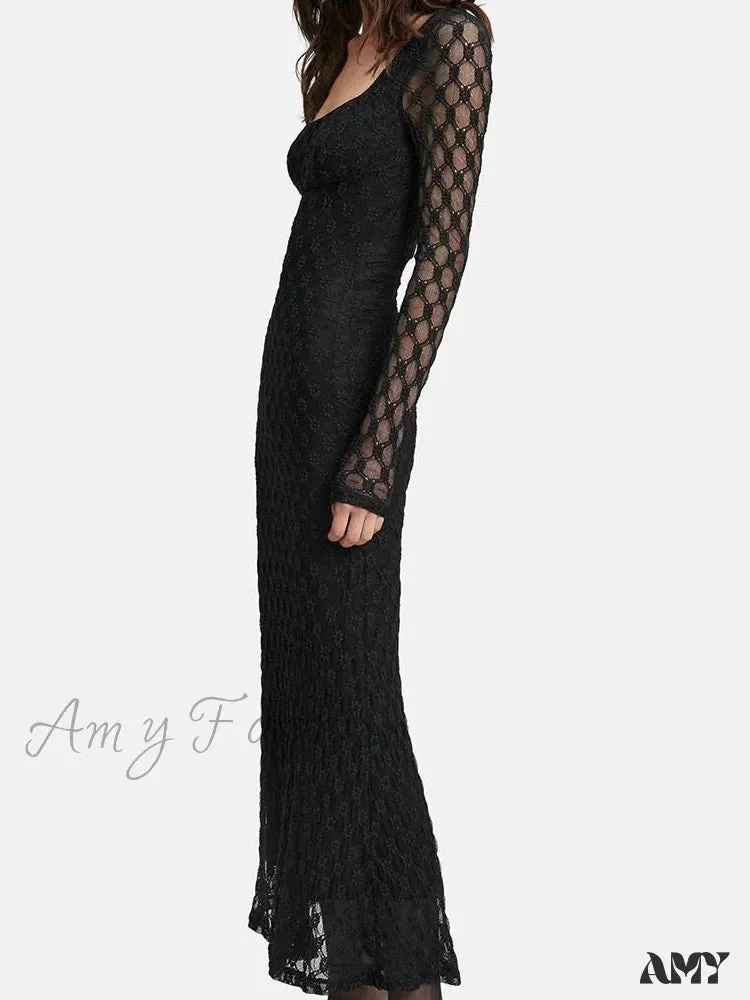 Amy Fashion - Elegant Women Spring Autumn Party  See Through  Sleeve Square Neck Lace Floral Slim Fit Vestidos