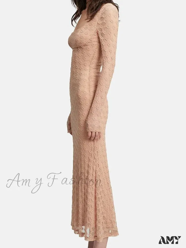 Amy Fashion - Elegant Women Spring Autumn Party  See Through  Sleeve Square Neck Lace Floral Slim Fit Vestidos