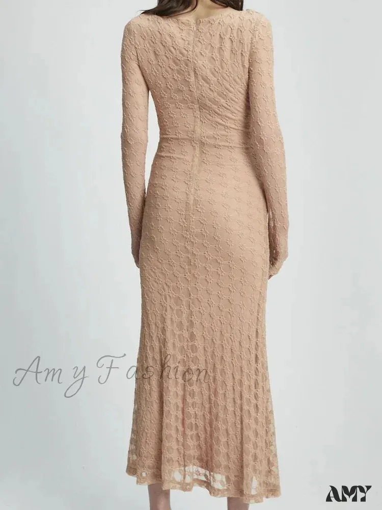 Amy Fashion - Elegant Women Spring Autumn Party  See Through  Sleeve Square Neck Lace Floral Slim Fit Vestidos