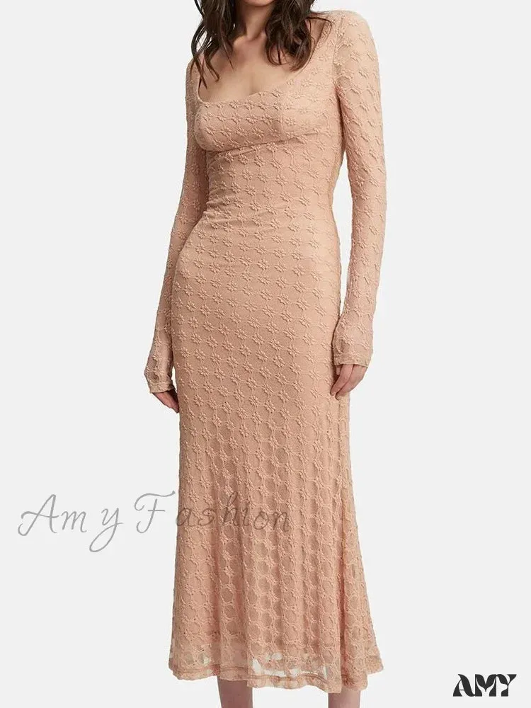 Amy Fashion - Elegant Women Spring Autumn Party  See Through  Sleeve Square Neck Lace Floral Slim Fit Vestidos