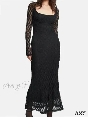 Amy Fashion - Elegant Women Spring Autumn Party  See Through  Sleeve Square Neck Lace Floral Slim Fit Vestidos
