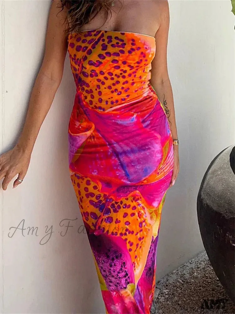 Amy Fashion - Leopard Floral Print  Tube for Women  Summer Party Beach Strapless Off Shoulder Slim Vestidos New