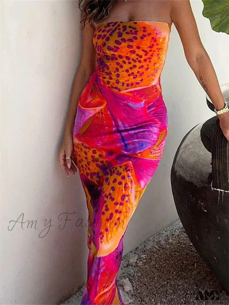 Amy Fashion - Leopard Floral Print  Tube for Women  Summer Party Beach Strapless Off Shoulder Slim Vestidos New