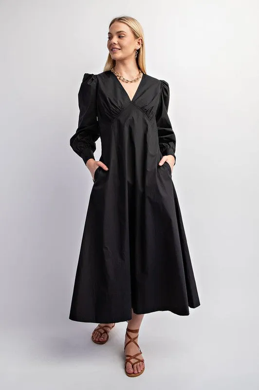 Black Empire Waist A-Line Midi Dress