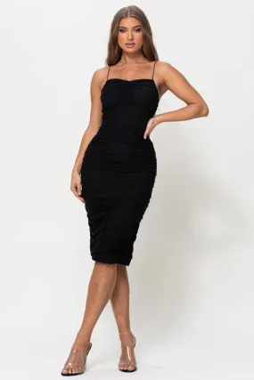 Black Ruched Shirring Mesh Midi Dress