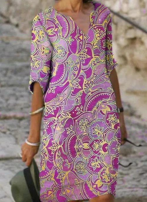 Casual Floral Tunic V-Neckline A-line Dress