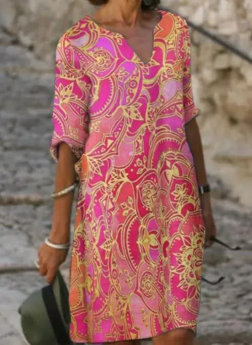 Casual Floral Tunic V-Neckline A-line Dress