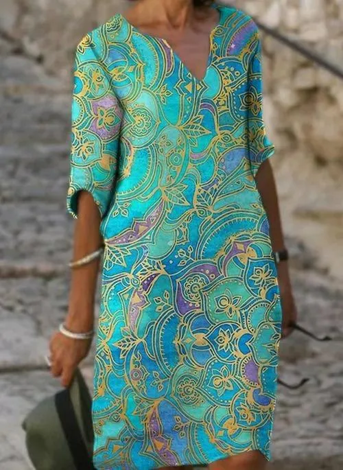 Casual Floral Tunic V-Neckline A-line Dress