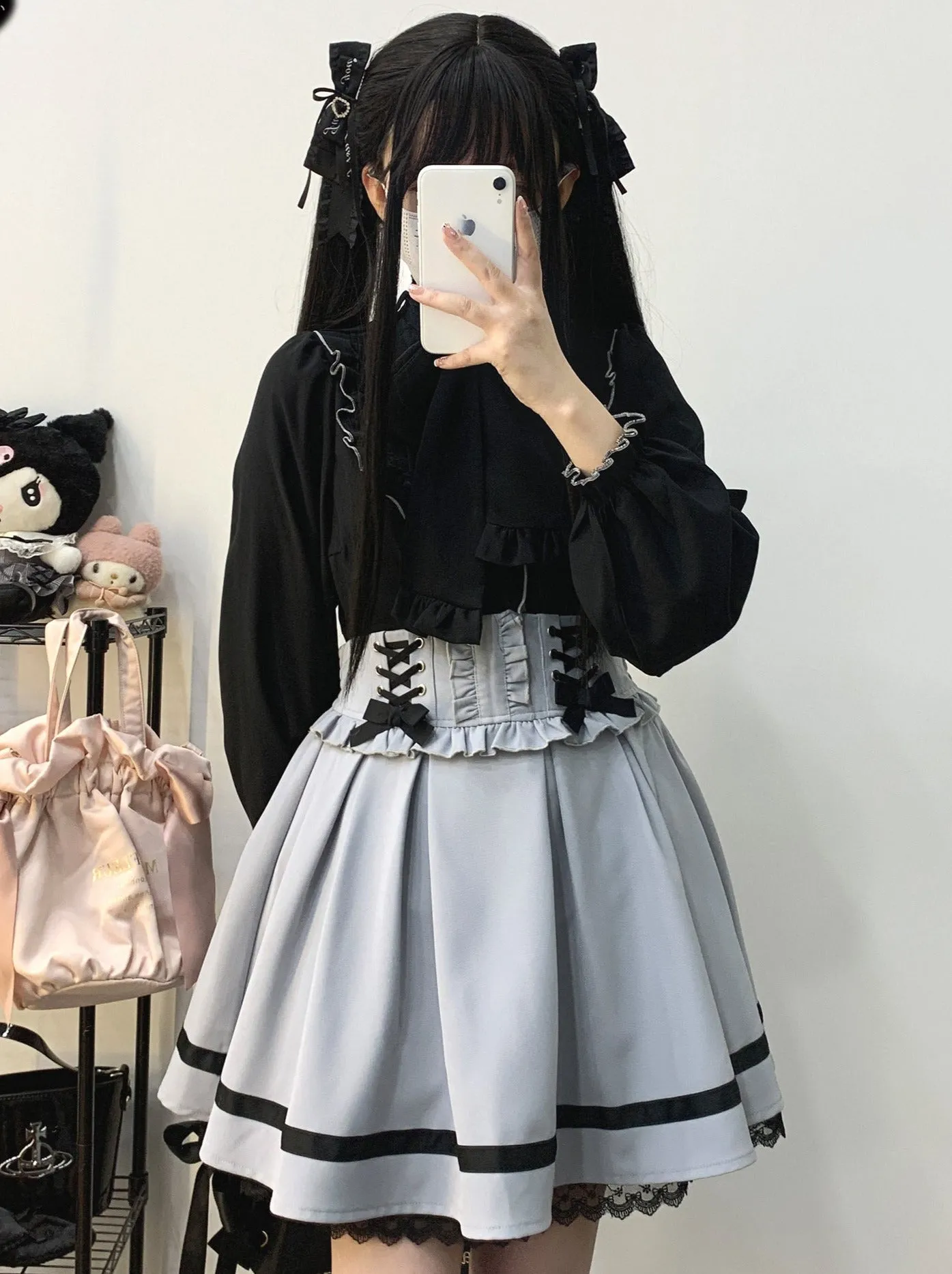 Color Sleep Frill Stand Volume Ribbon Shirt