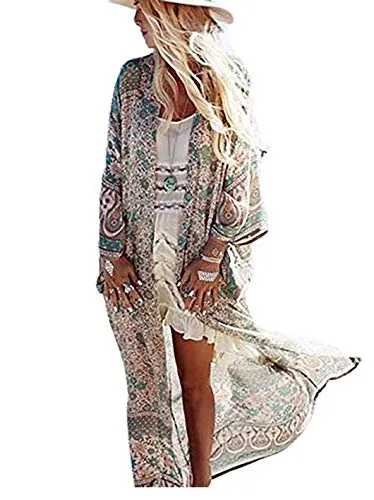 Flower Print 3/4 Sleeve Kimono Women's Beach Cover Up