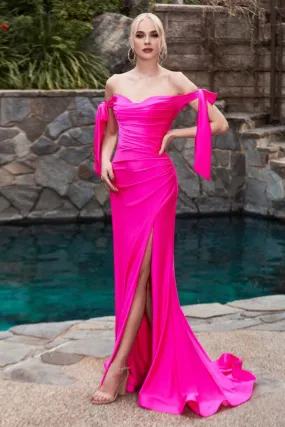Fuchsia Sexy Drop-shoulder Long Evening Dress