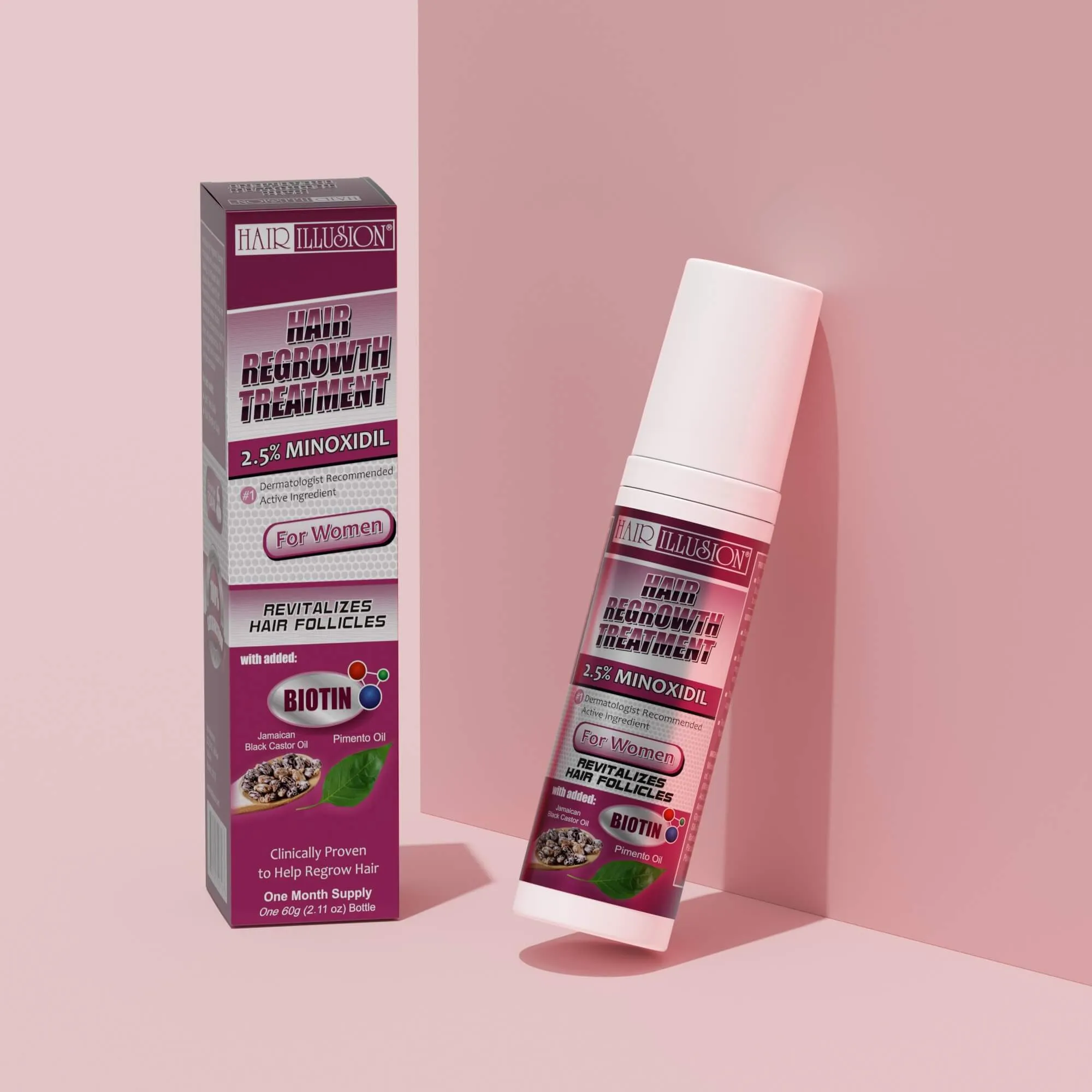 Hair Illusion Hair Growth Foam, 2.5% Minoxidil (Rogaine) combined with natural hair loss vitamins, Biotin, Castor oil.