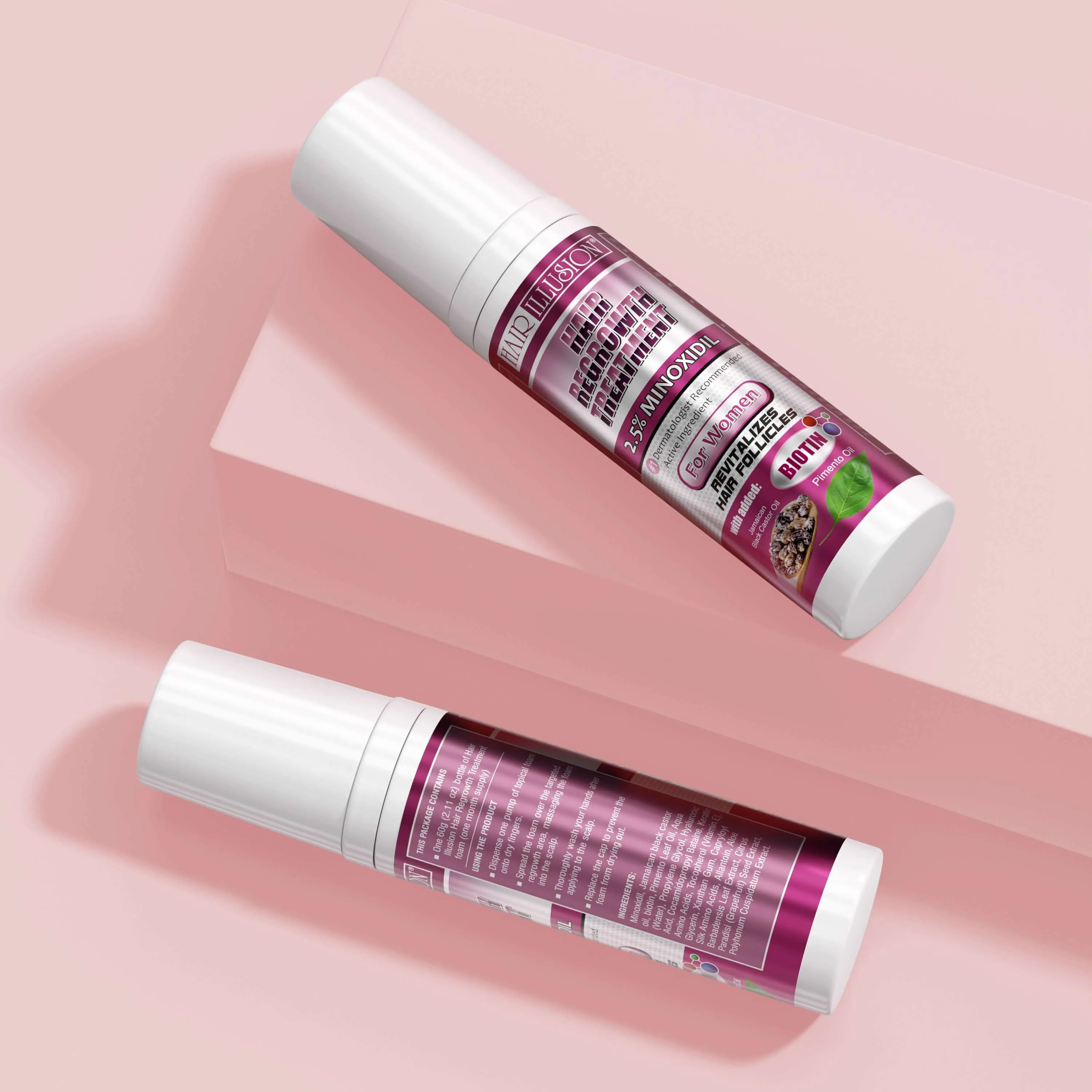 Hair Illusion Hair Growth Foam, 2.5% Minoxidil (Rogaine) combined with natural hair loss vitamins, Biotin, Castor oil.
