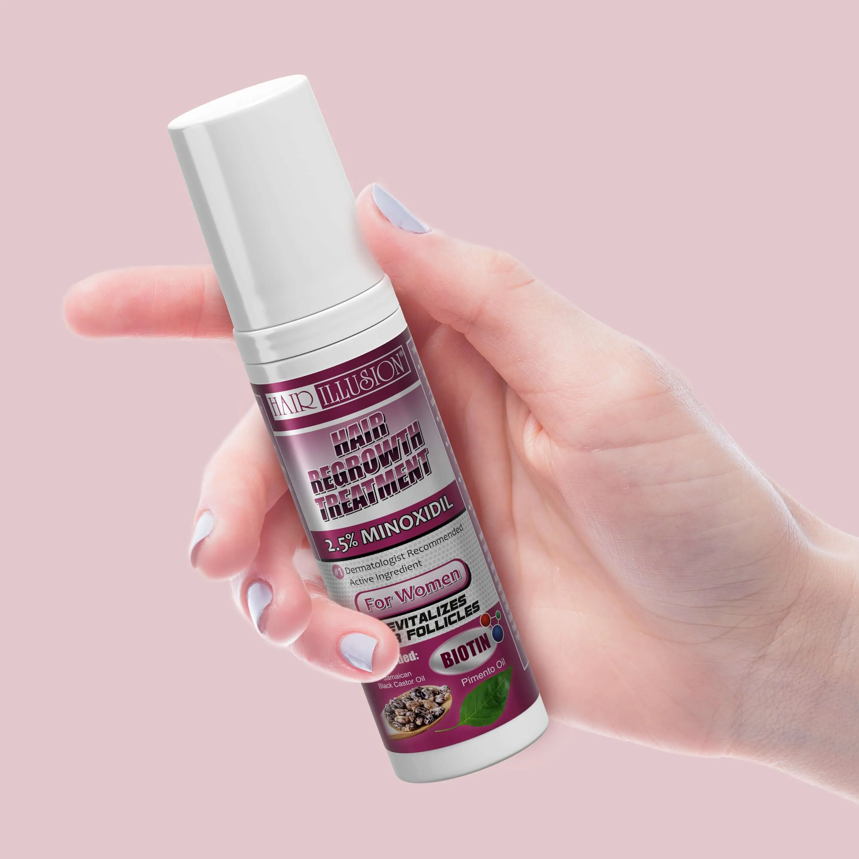 Hair Illusion Hair Growth Foam, 2.5% Minoxidil (Rogaine) combined with natural hair loss vitamins, Biotin, Castor oil.