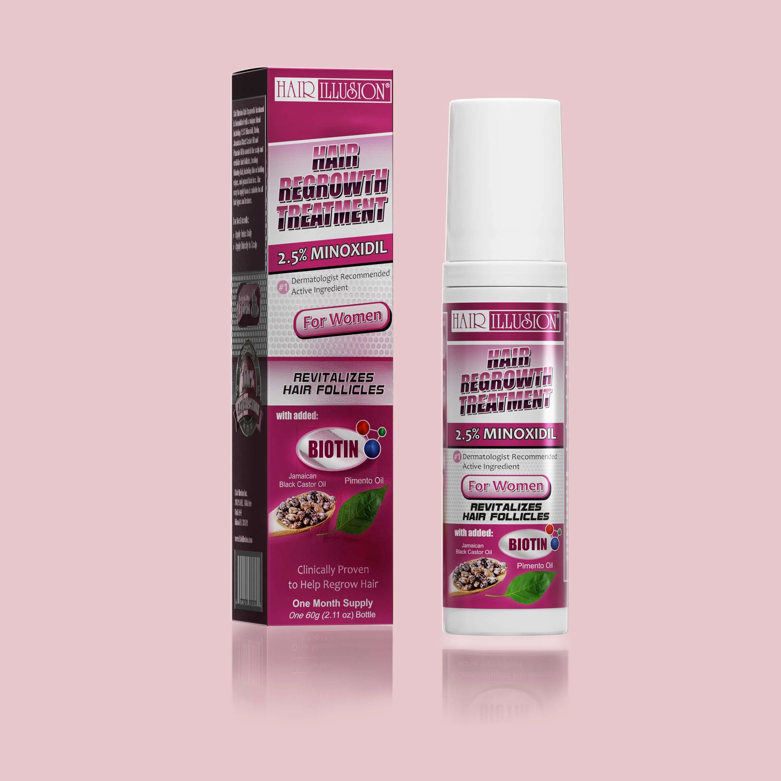 Hair Illusion Hair Growth Foam, 2.5% Minoxidil (Rogaine) combined with natural hair loss vitamins, Biotin, Castor oil.