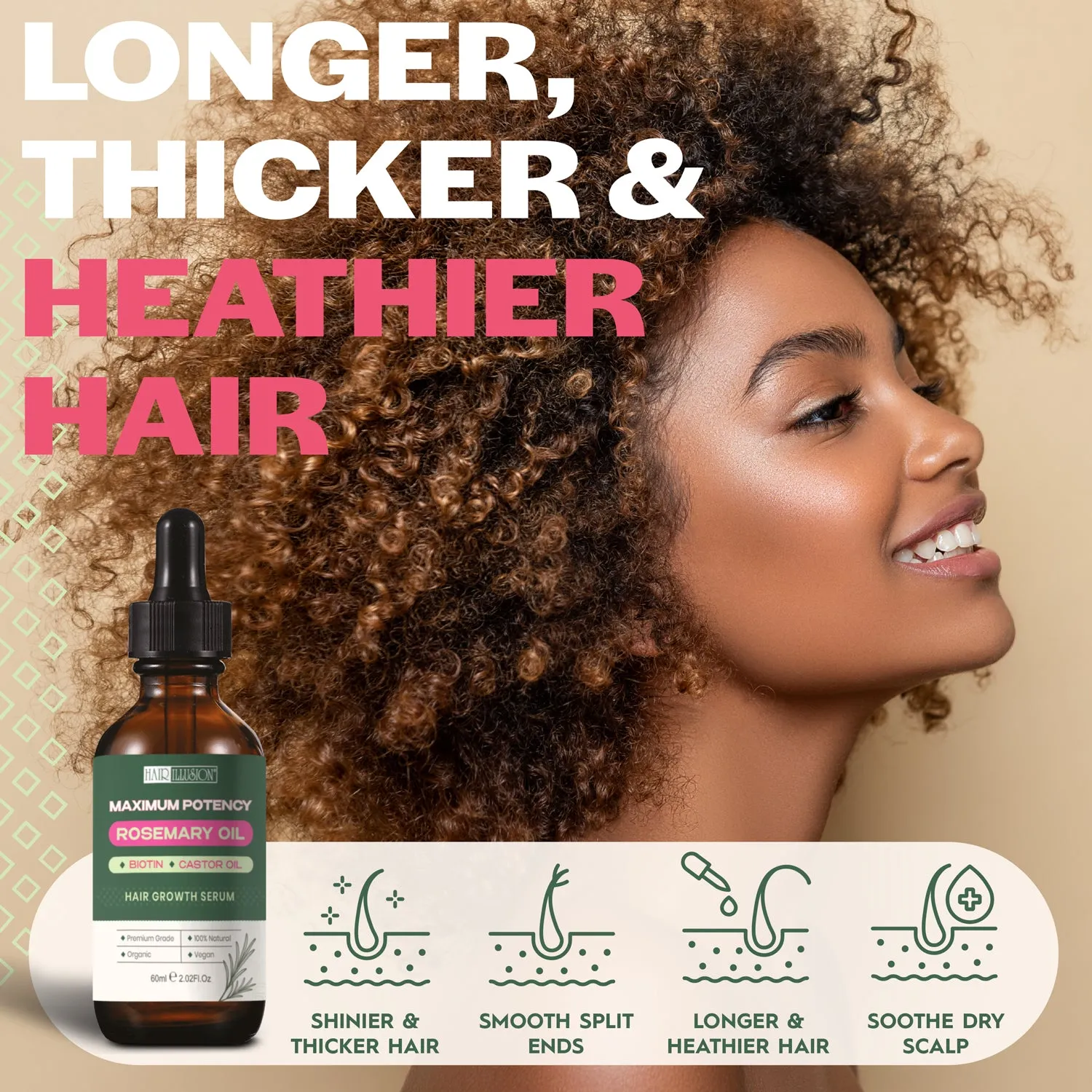 Hair Illusion Hair Growth Serum with maximum potency Rosemary Oil, Biotin & Castor Oil