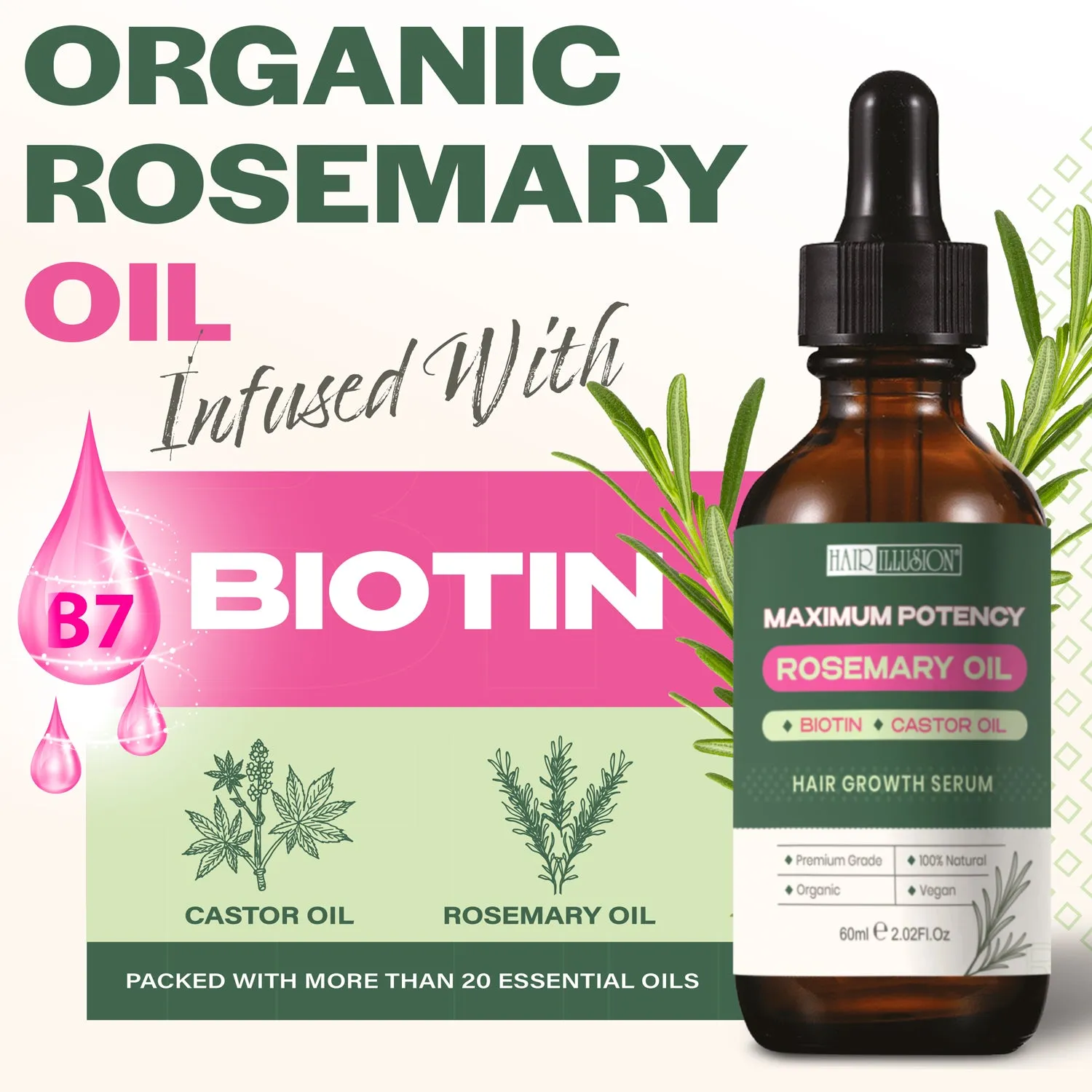 Hair Illusion Hair Growth Serum with maximum potency Rosemary Oil, Biotin & Castor Oil