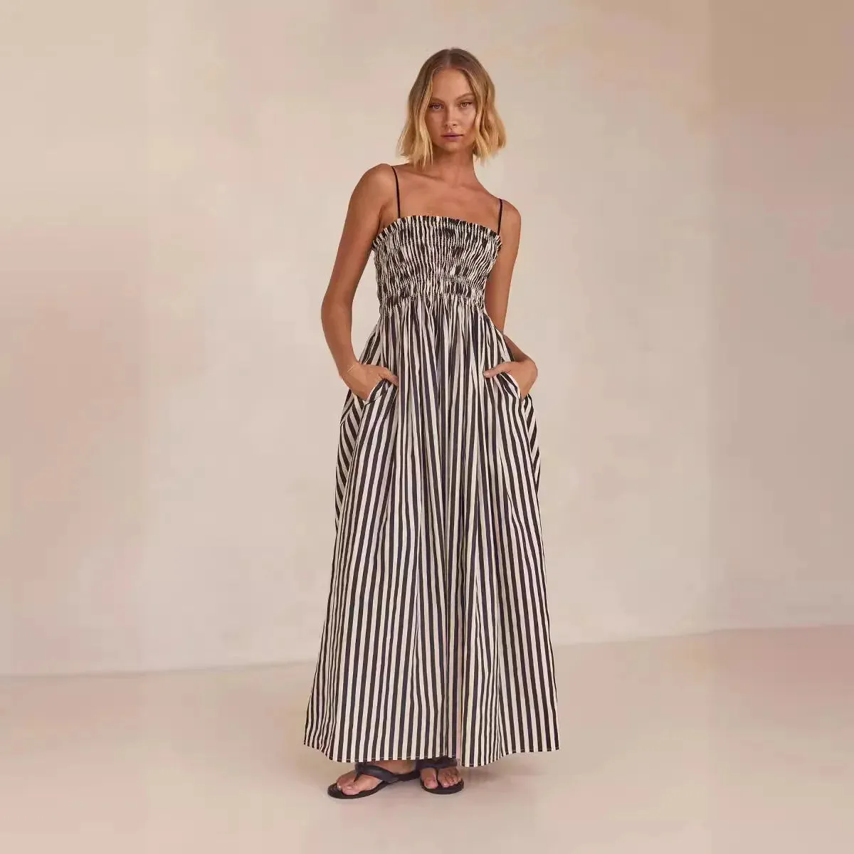 Holiday Striped Printed Beach 2024 Spring New Women Rubber Large Swing Retro Maxi Dress