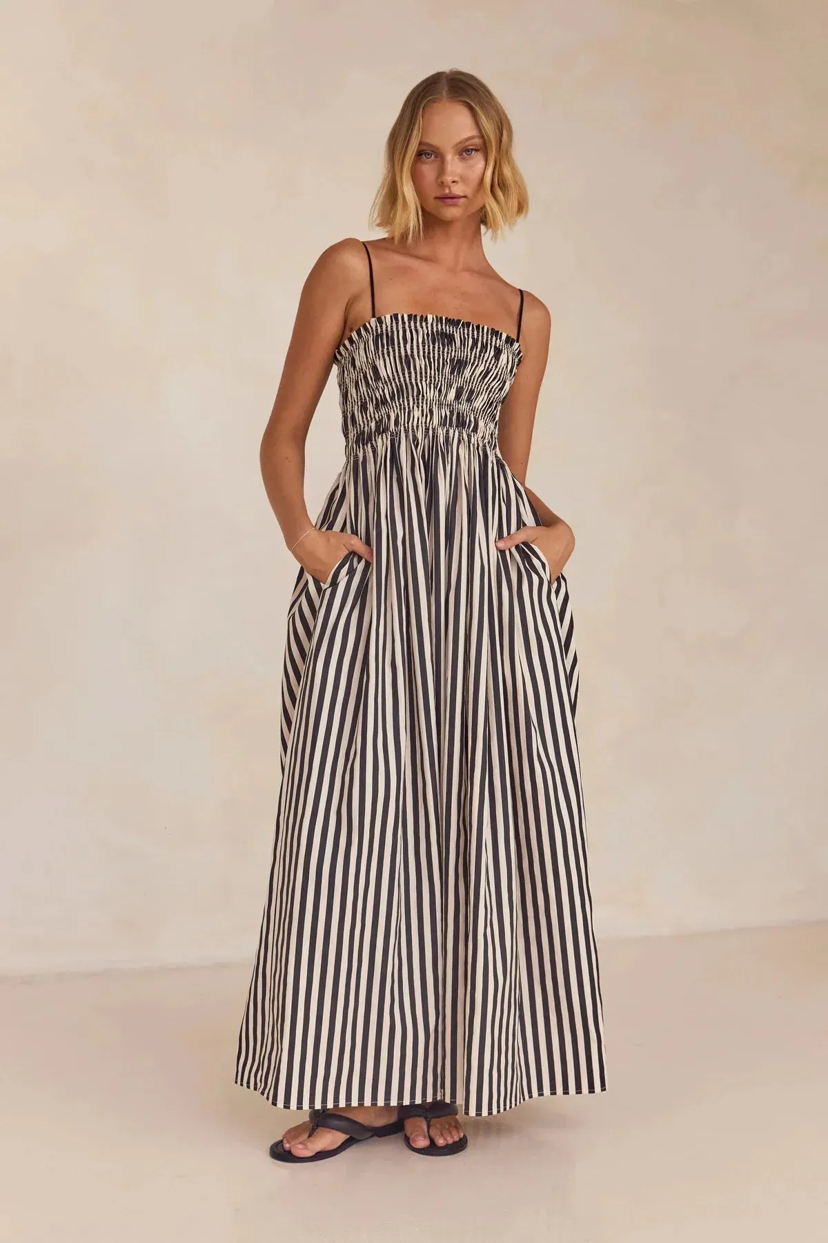 Holiday Striped Printed Beach 2024 Spring New Women Rubber Large Swing Retro Maxi Dress