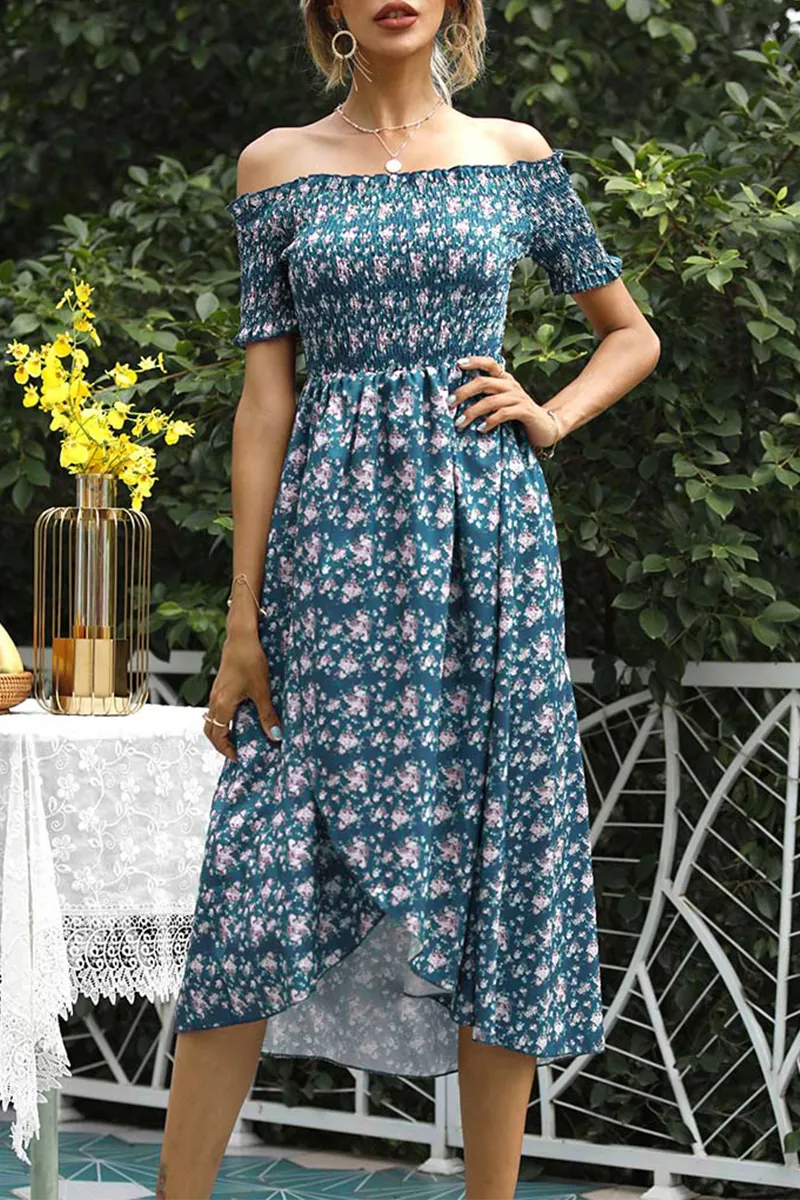 hulianfu Elegant Floral Split Joint Off the Shoulder A Line Dresses