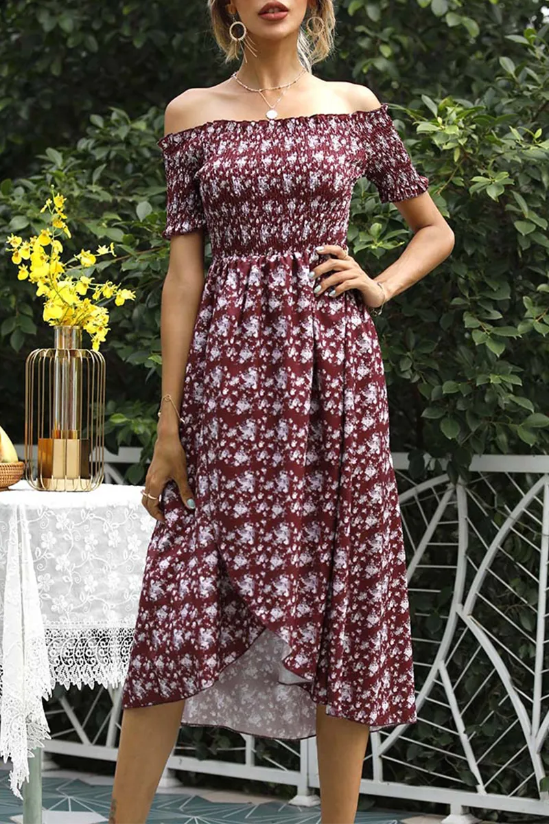 hulianfu Elegant Floral Split Joint Off the Shoulder A Line Dresses