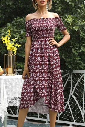 hulianfu Elegant Floral Split Joint Off the Shoulder A Line Dresses