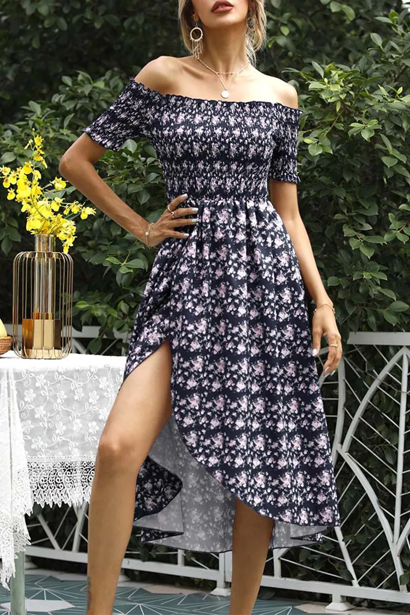 hulianfu Elegant Floral Split Joint Off the Shoulder A Line Dresses