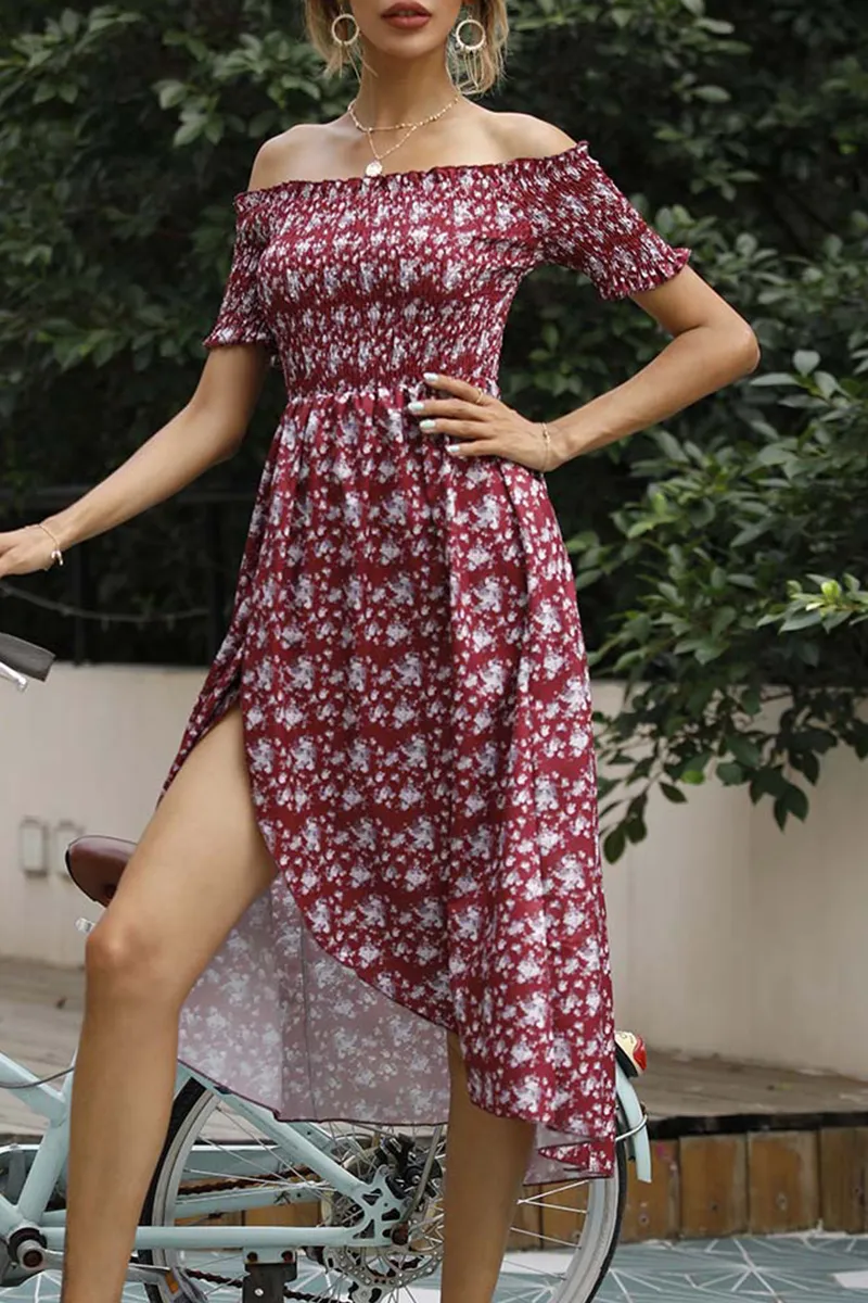 hulianfu Elegant Floral Split Joint Off the Shoulder A Line Dresses