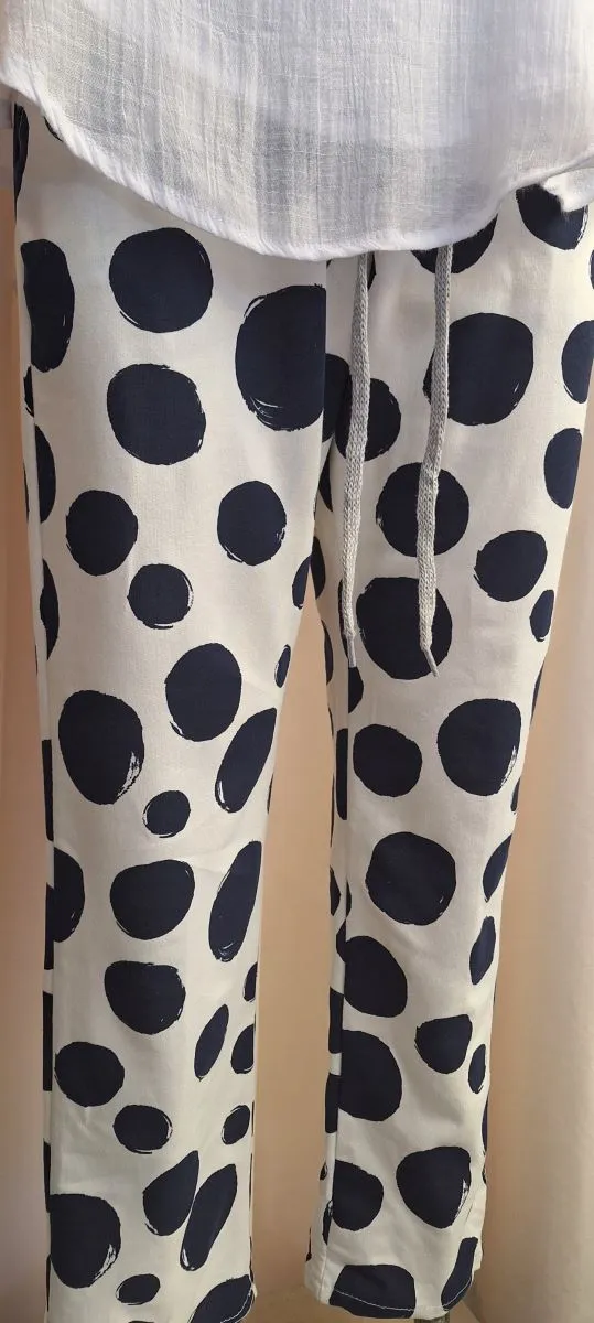 Italian Stretch Pants - Off White with Navy Polka Spots