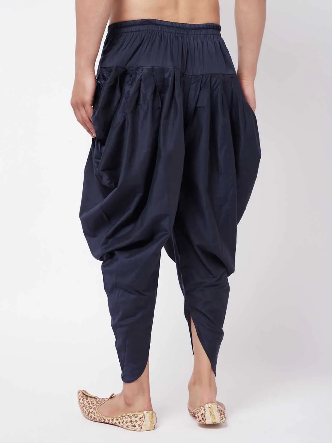 Jashvi Men's Navy Blue Cotton Blend Cowl Dhoti