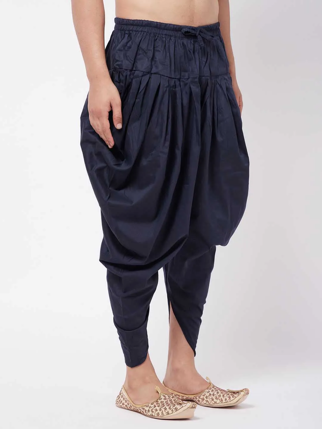 Jashvi Men's Navy Blue Cotton Blend Cowl Dhoti
