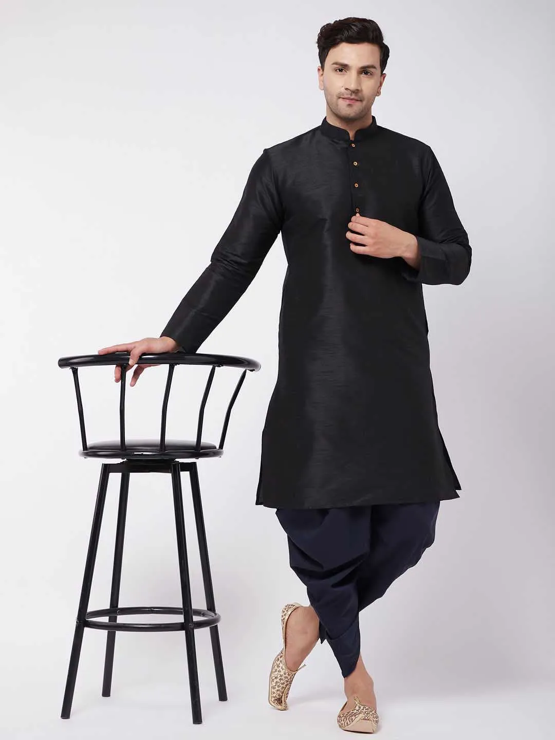 Jashvi Men's Navy Blue Cotton Blend Cowl Dhoti