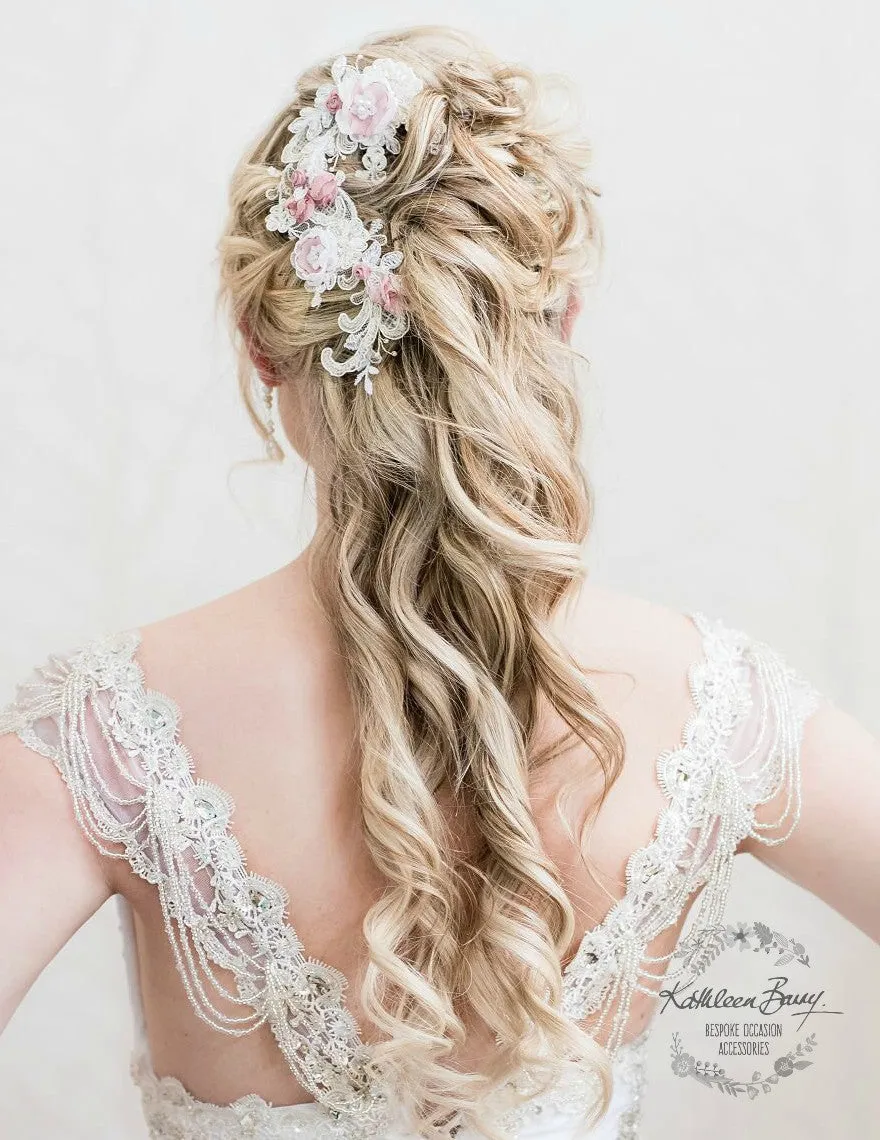 Kathryn hairpiece Lace - Bridal wedding hair accessories - Chantilly lace off white and pink - color options available