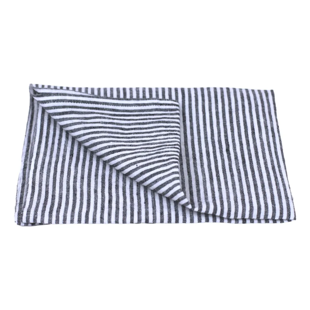 Linen Hand Towel - Stonewashed - Black White Thin Stripes - Thin Linen