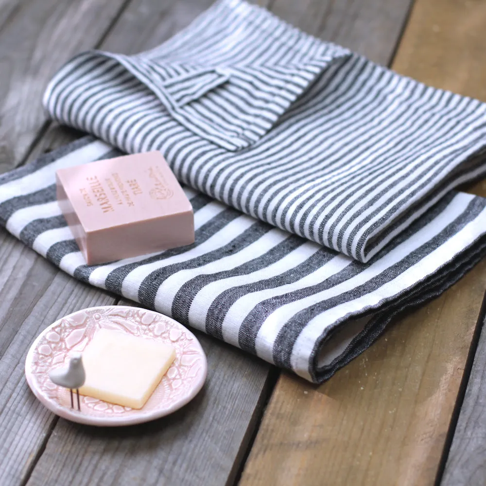 Linen Hand Towel - Stonewashed - Black White Thin Stripes - Thin Linen