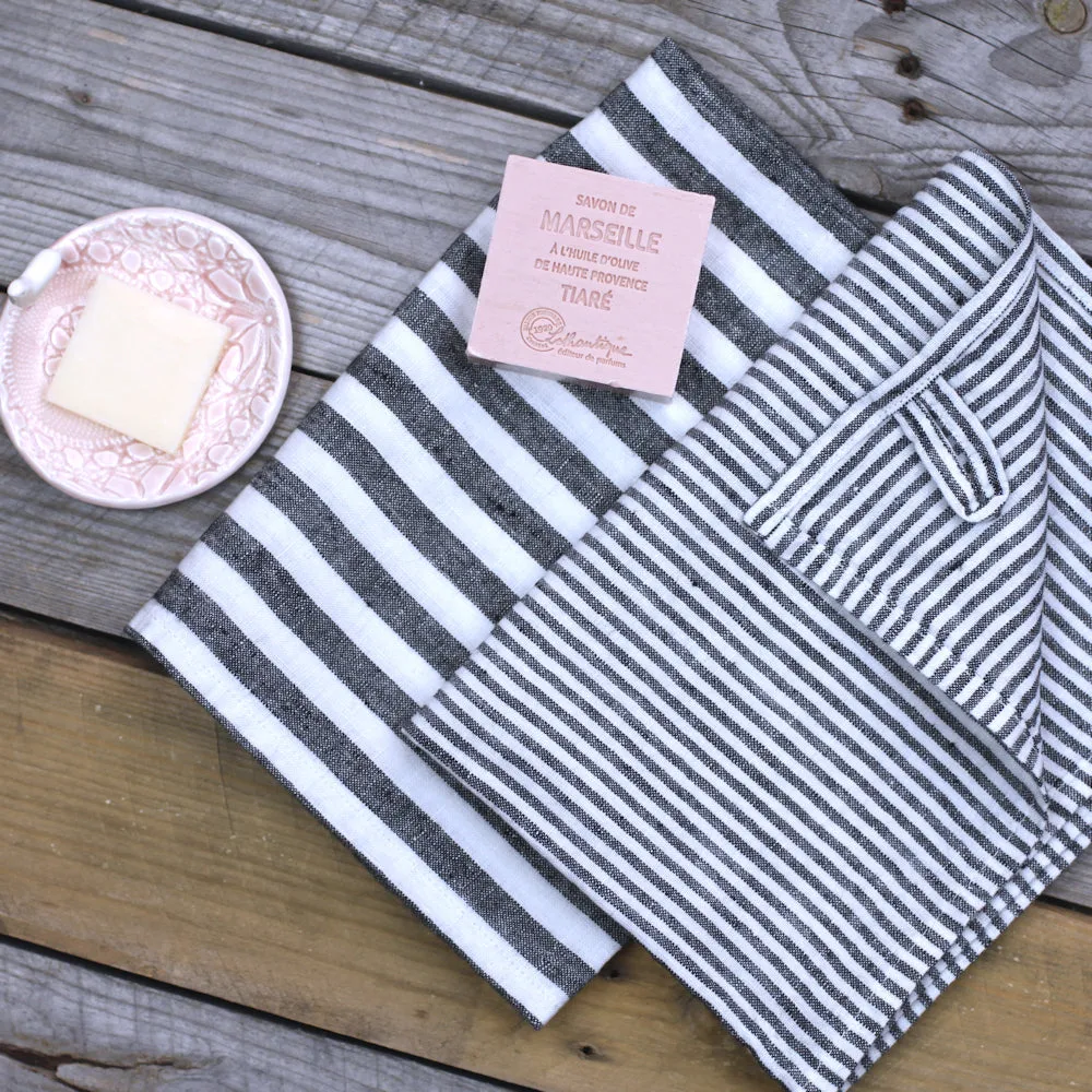 Linen Hand Towel - Stonewashed - Black White Thin Stripes - Thin Linen