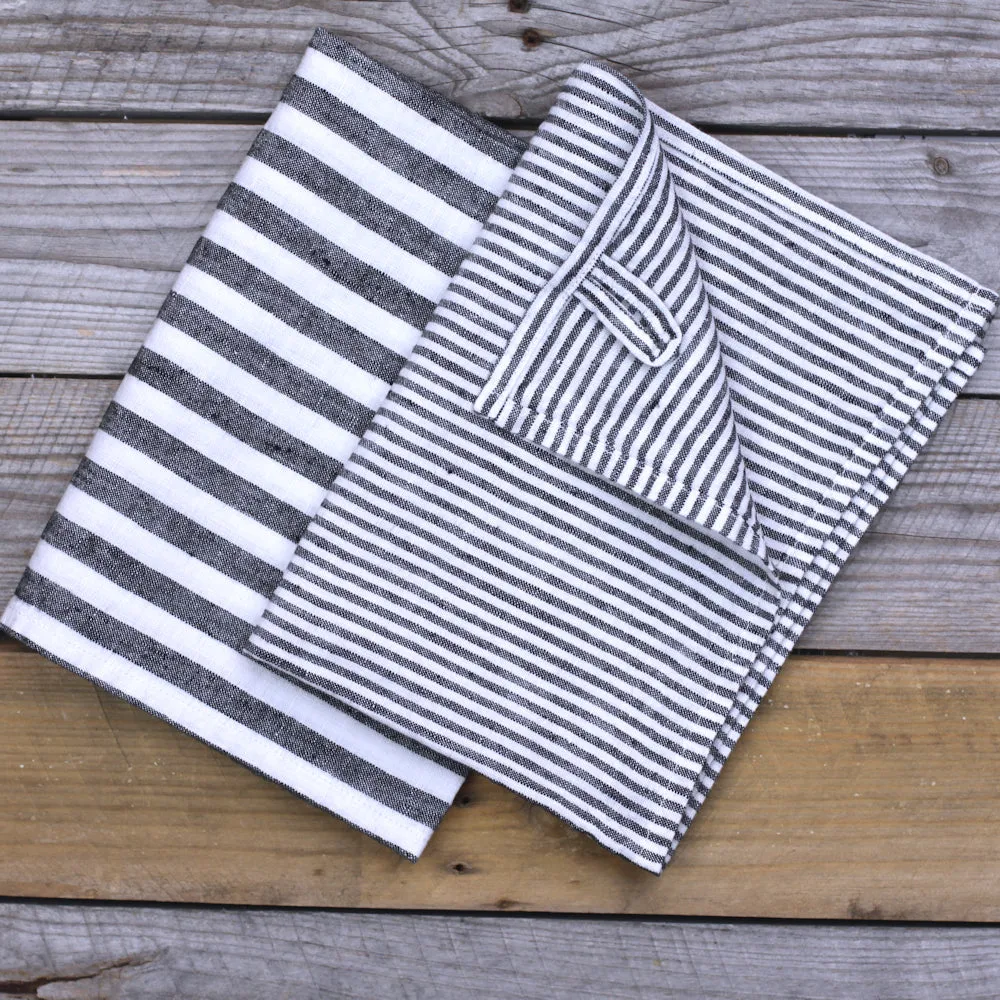 Linen Hand Towel - Stonewashed - Black White Thin Stripes - Thin Linen