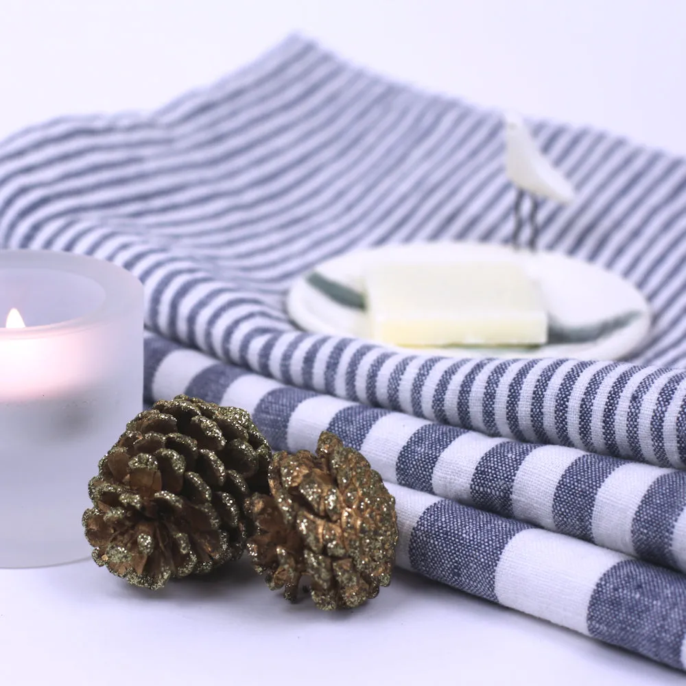 Linen Hand Towel - Stonewashed - Blue White Thin Stripes - Thin Linen