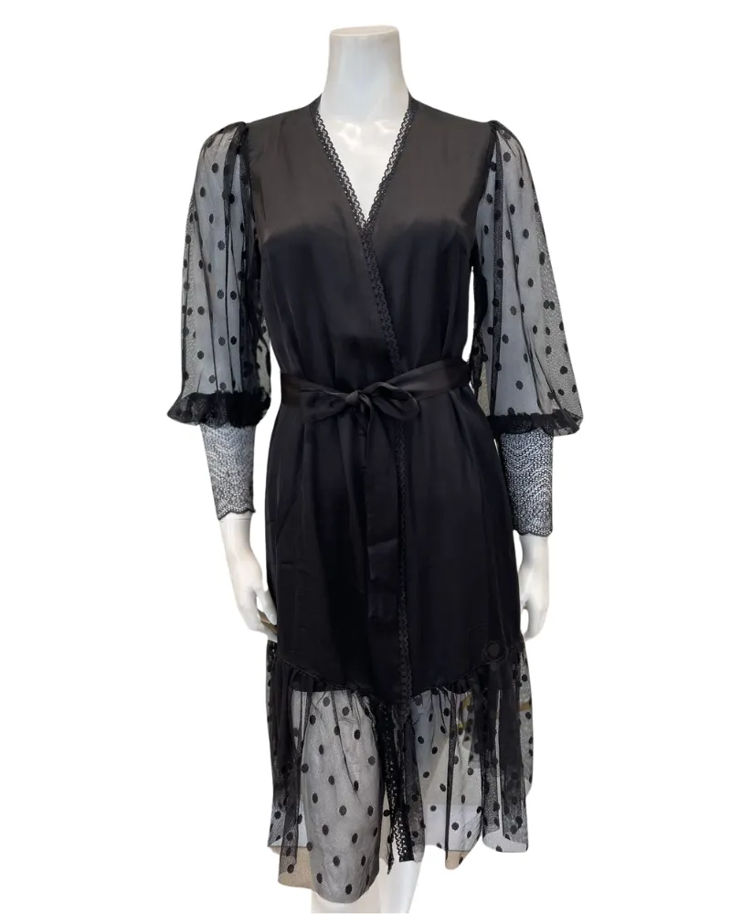 M4636 Black Sheer Dotted Lace Satin Short Robe