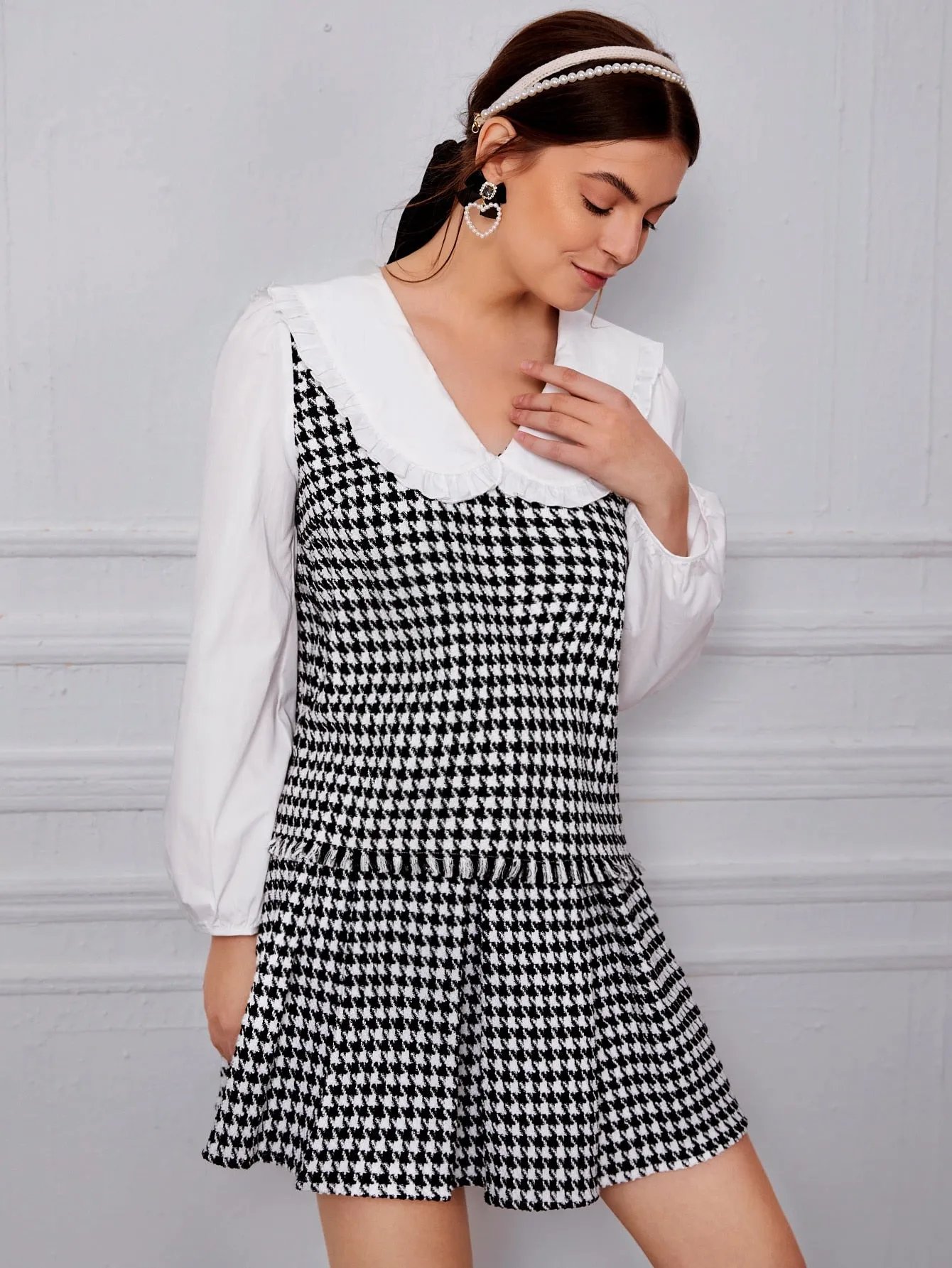Preppy Houndstooth Frill Long Sleeve Peter Pan Collar Regular Blouse
