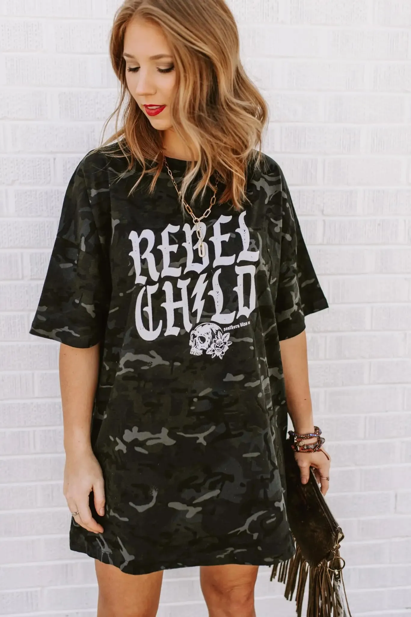 Rebel Child Skull Camo Oversized Tee