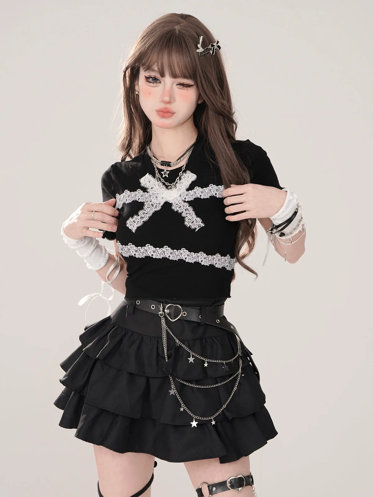 Ribbon Frill Lace T-Shirt Slim Short