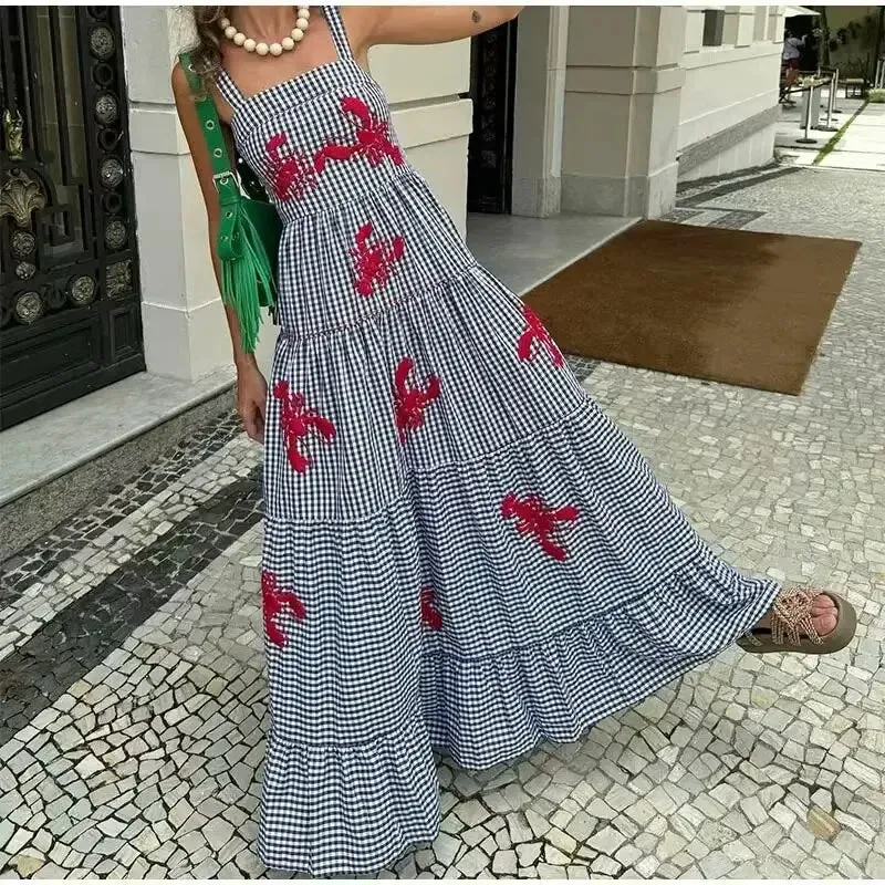 Seaside Holiday Strap Embroidered Cotton Long Women Fashion Casual Tight Waist Summer Plaid Maxi Dress