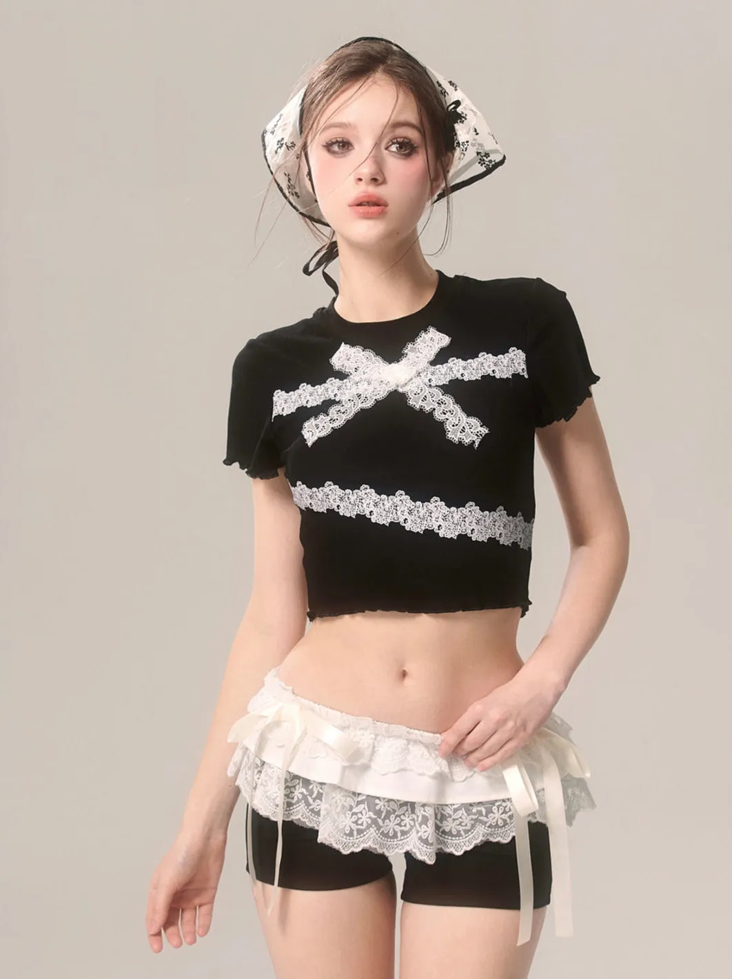 Slim Lace T-Shirt Frill Short Ribbon