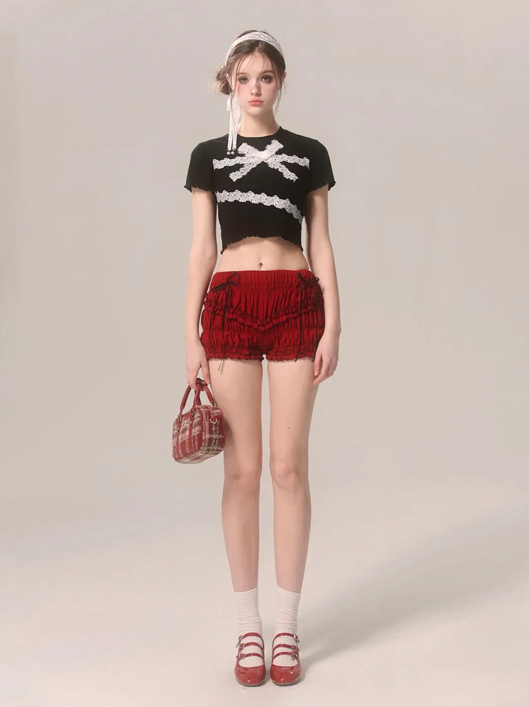 Slim Lace T-Shirt Frill Short Ribbon