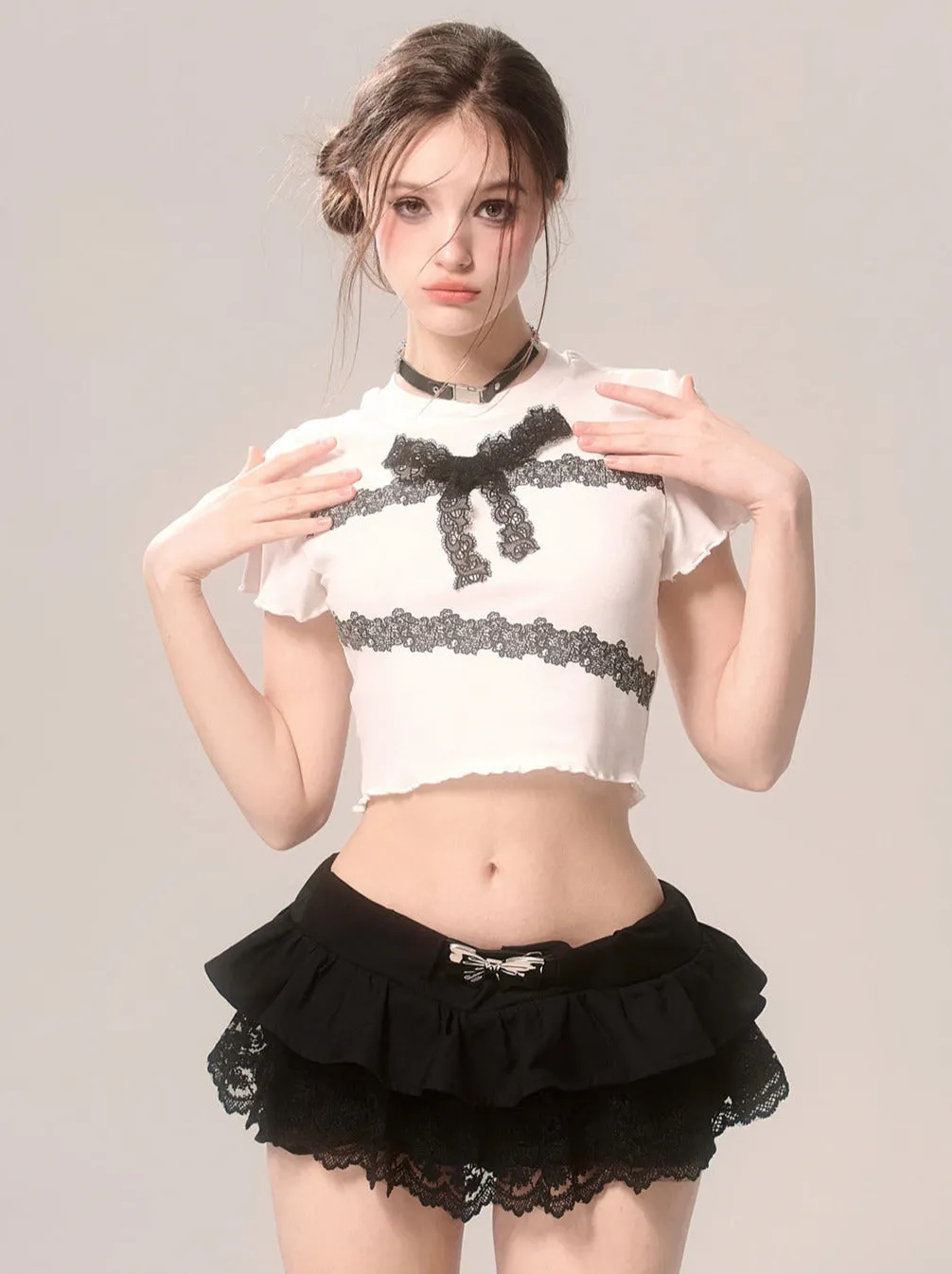 Slim Lace T-Shirt Frill Short Ribbon