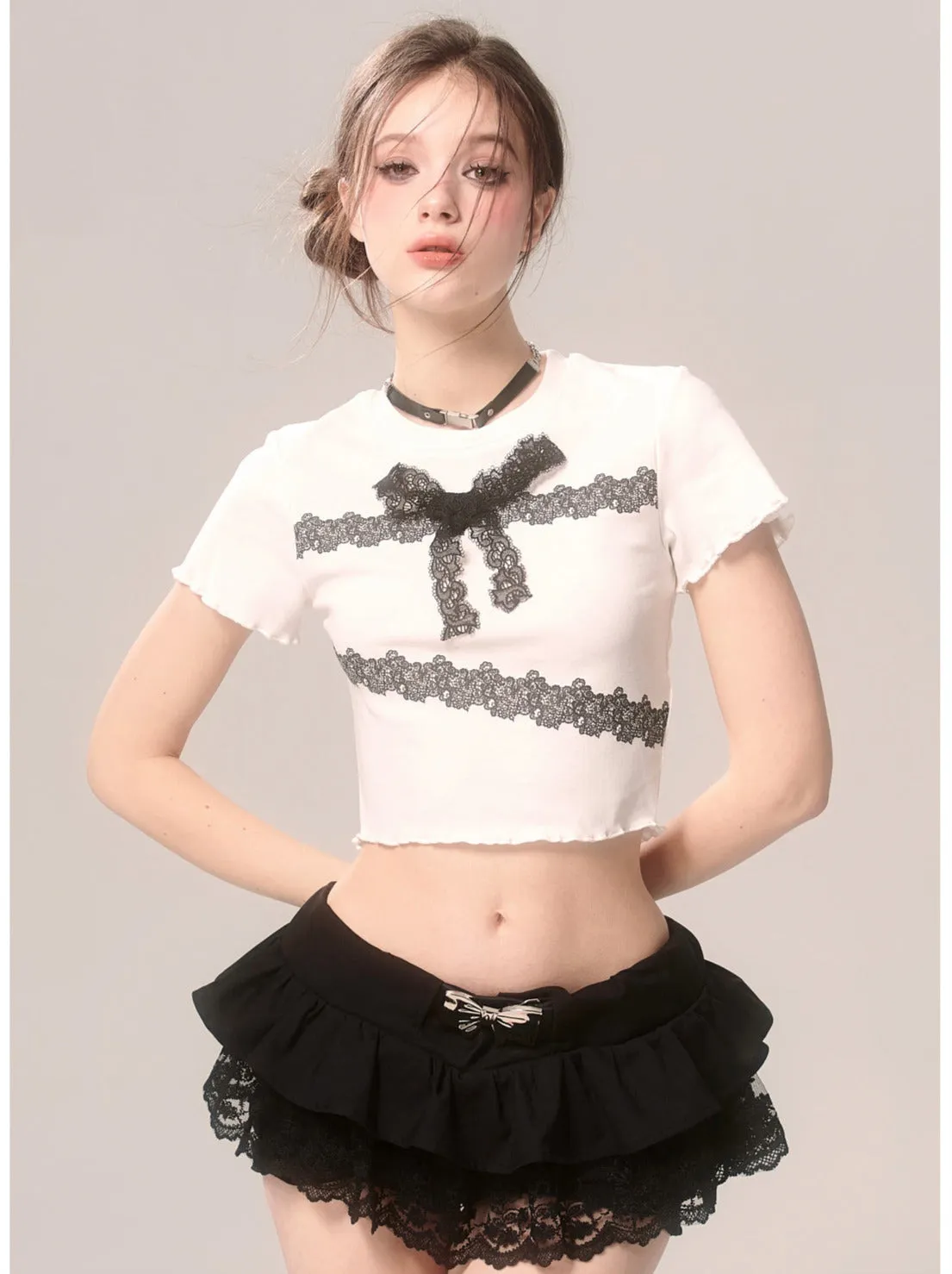 Slim Lace T-Shirt Frill Short Ribbon