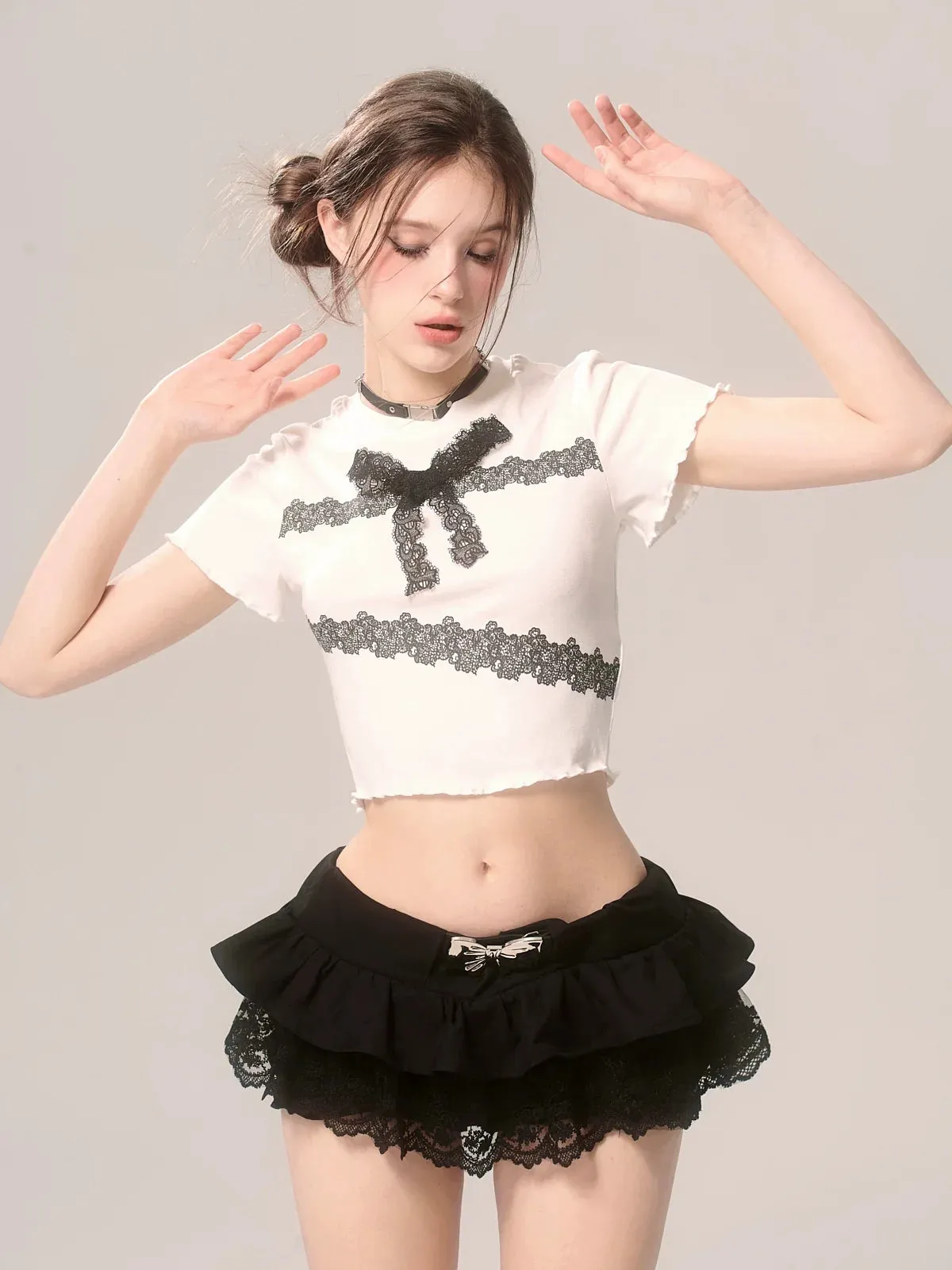 Slim Lace T-Shirt Frill Short Ribbon
