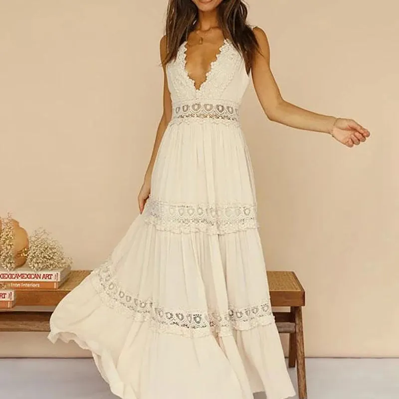 UAKISS  -  Fashion Double V Neck Sleeveless Lace Long Dress Temperament High Waist Pleated Evening Dress Summer New Solid Vacation Dresses